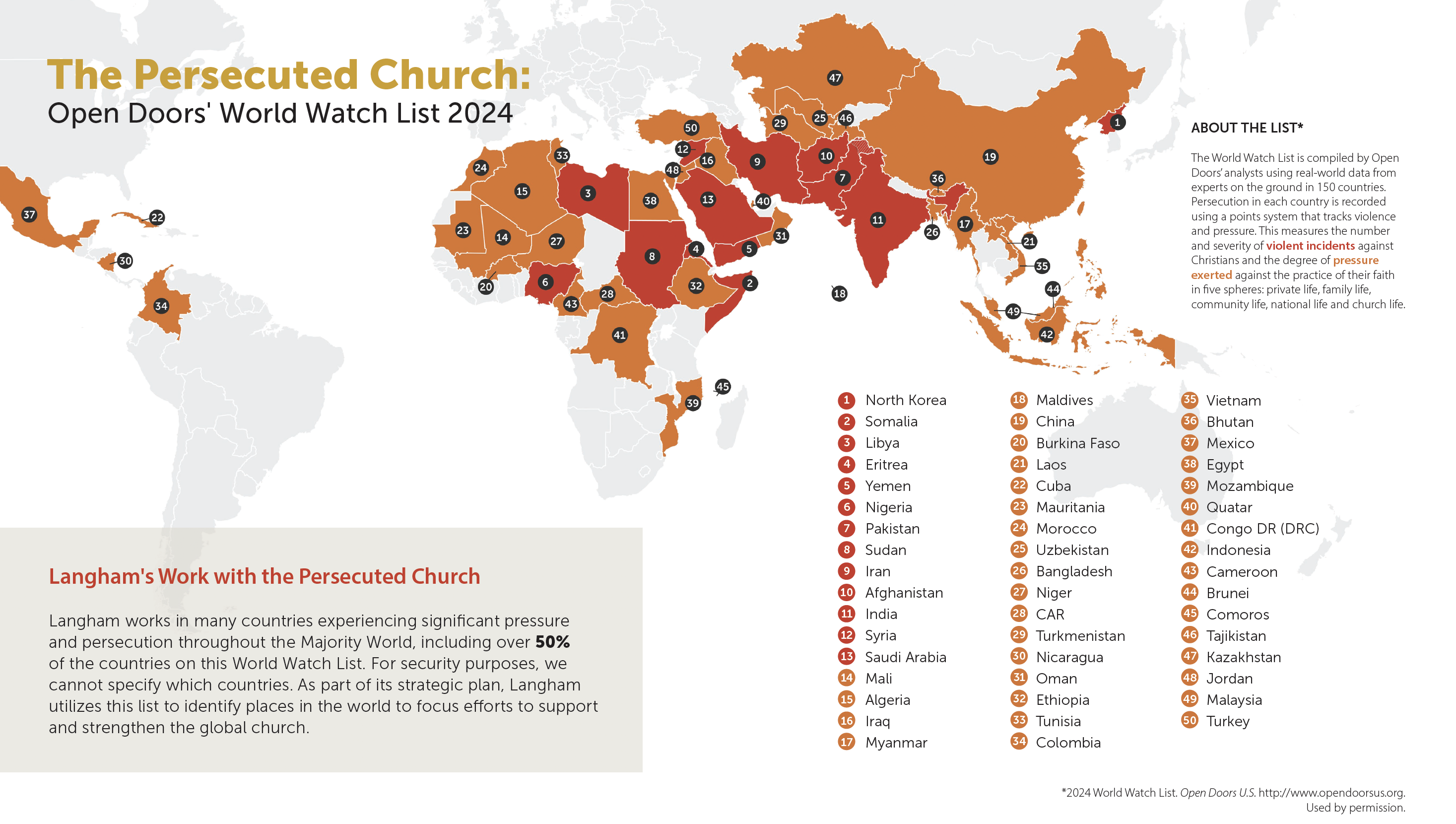 A map showing Christian persecution around the world, according to the Open Doors' World Watch List 2024.